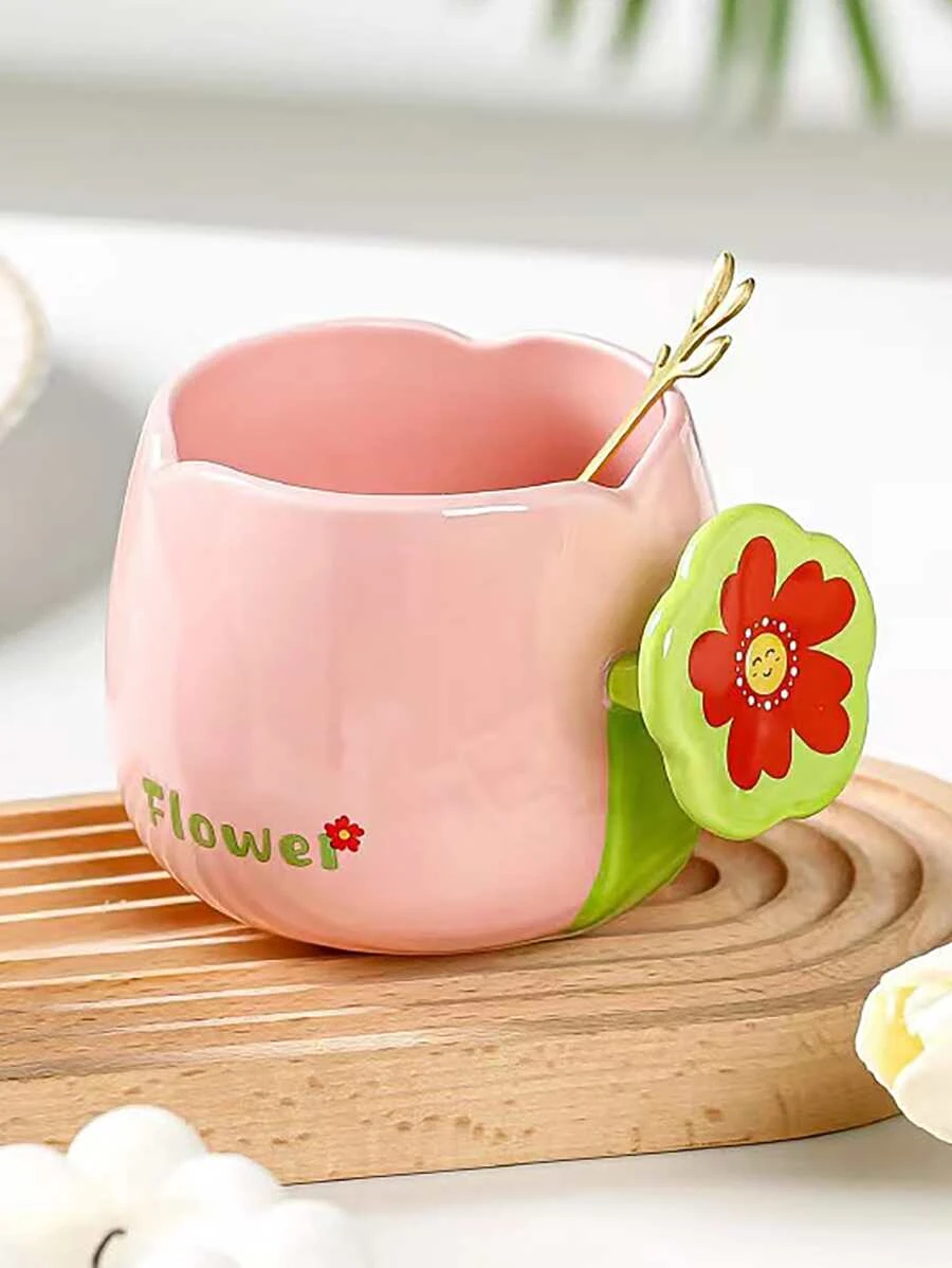 1 ชิ้น ใบไม้ & ลาย ดอกไม้ แก้วมัค & 1 ชิ้น ช้อน  oo-178