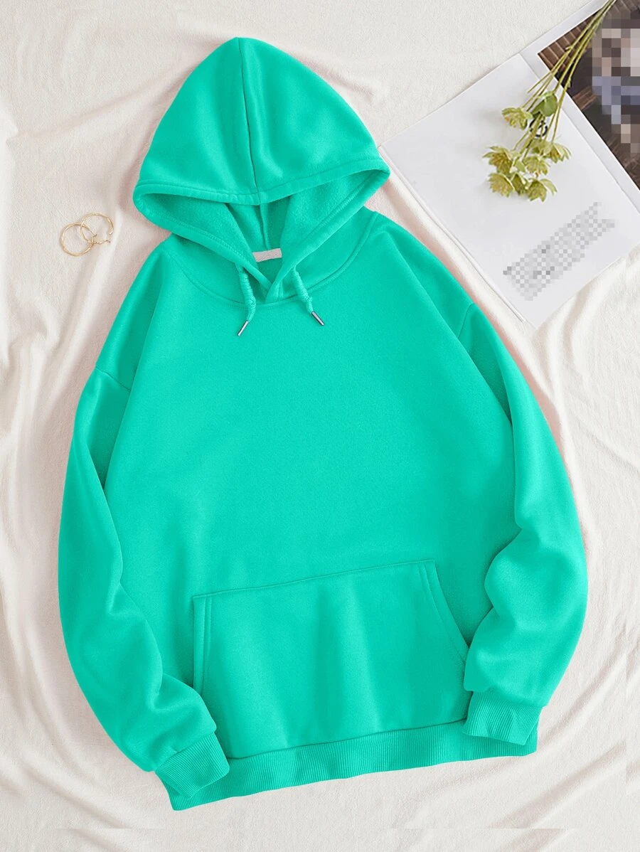 เสื้อฮู้ด ให้ความอบอุ่น สีพื้น กระเป๋าจิงโจ้ ไหล่ตก เชือกรูด  cc-23