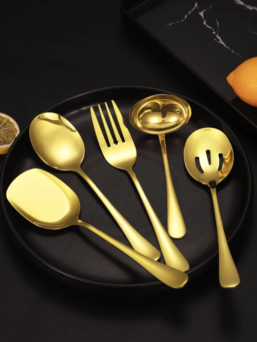 ชุดช้อนส้อม สีทอง สแตนเลส ครัว เครื่องใช้บนโต๊ะอาหาร 5 ชิ้น hh-94