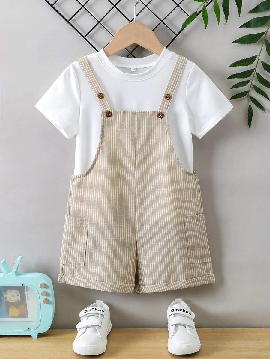 เด็กผู้ชาย เสื้อยืดสีพื้น & ลายทาง กระเป๋าด้านข้าง ชุดรอมเปอร์ กางเกงขาสั้น  b-97