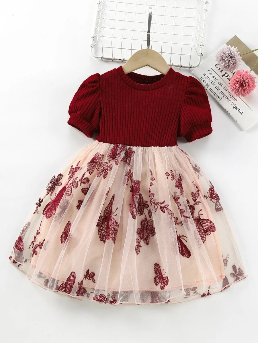 เด็กผู้หญิงวัยหัดเดิน เดรส ผีเสื้อ & ลายปักดอกไม้ ชายเสื้อมีดีเทลตาข่าย a-1