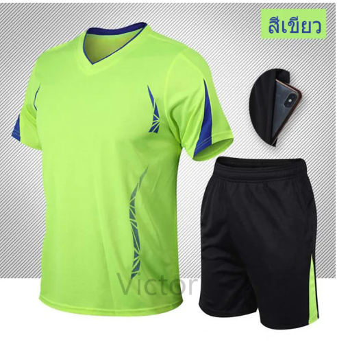 VIC29-สูททูพีซผู้ชาย (เสื้อยืดคอวี + กางเกงขาสั้น) ชุดแข่งขันกีฬาผู้ชาย ชุดกีฬา [เตรียมจัดส่ง]