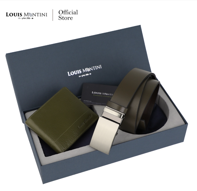 TOP39-Louis Montini Gift Set Boxset Wallet and Belt ชุดกิ๊ฟเซ็ท กระเป๋าสตางค์ และ เข็มขัดหนังแท้ LM-GS