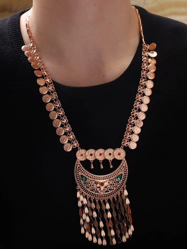 สร้อยคอ จี้ ดวงจันทร์ & พู่โลหะ ตกแต่ง พลอยเทียม  kk-223