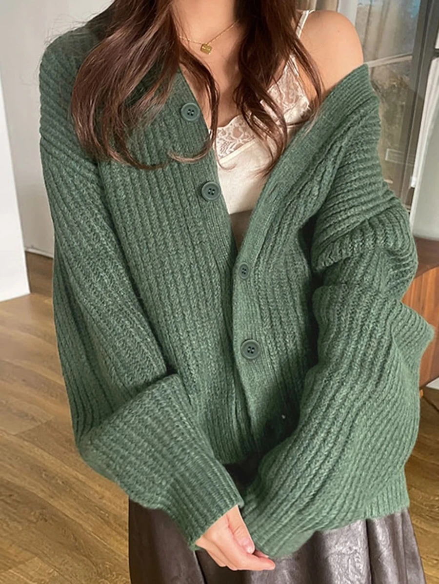 เสื้อคาร์ดิแกนถัก สีพื้น ไหล่ตก โอเวอร์ไซส์  i-34