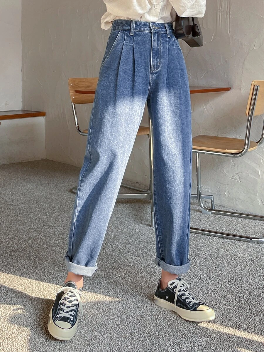 ยีนส์ขากระบอก เอวสูง ล้าง  ee-48