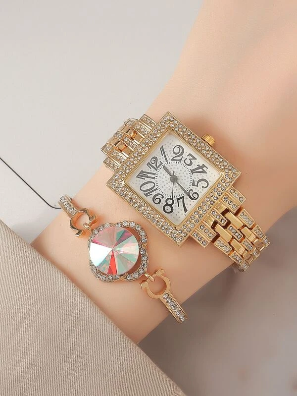 นาฬิกาข้อมือ เครื่องควอตซ์ 1 ชิ้น ติดเพชร หน้าปัดสี่เหลี่ยม และ สร้อยคอ 1 ชิ้น  น-0158