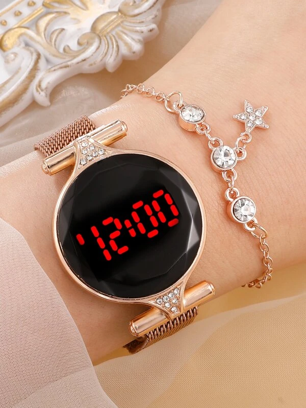 นาฬิกาข้อมือ ดิจิทัล ติดแม่เหล็ก สายผ้าโปร่ง ทรงกลม และ สร้อยคอ 1 ชิ้น  น-0150