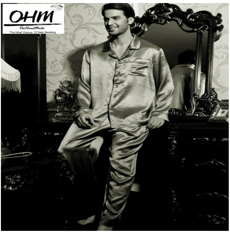 MH85-ชุดนอนผ้าซาติน (ผู้ชาย) เสื้อแขนยาวและกางเกงขายาว ผ้าซาตินแท้ สีเทาเข้ม