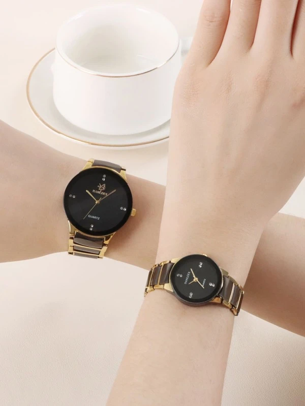 นาฬิกาควอทซ์ ตัวชี้ แบบกลม คู่ ตกแต่ง พลอยเทียม 2 ชิ้น  น-0182