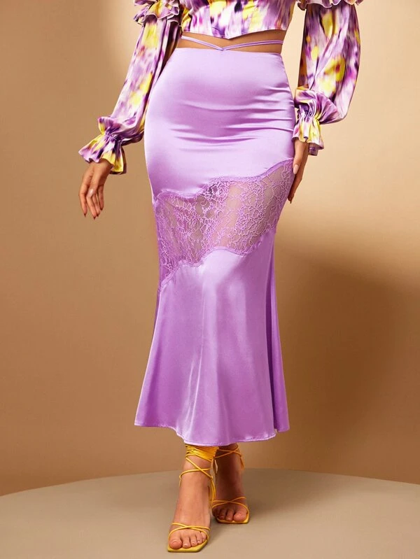 กระโปรง เอวสูง ลูกไม้ ผ้าซาติน ชายเมอร์เมด  jj-140