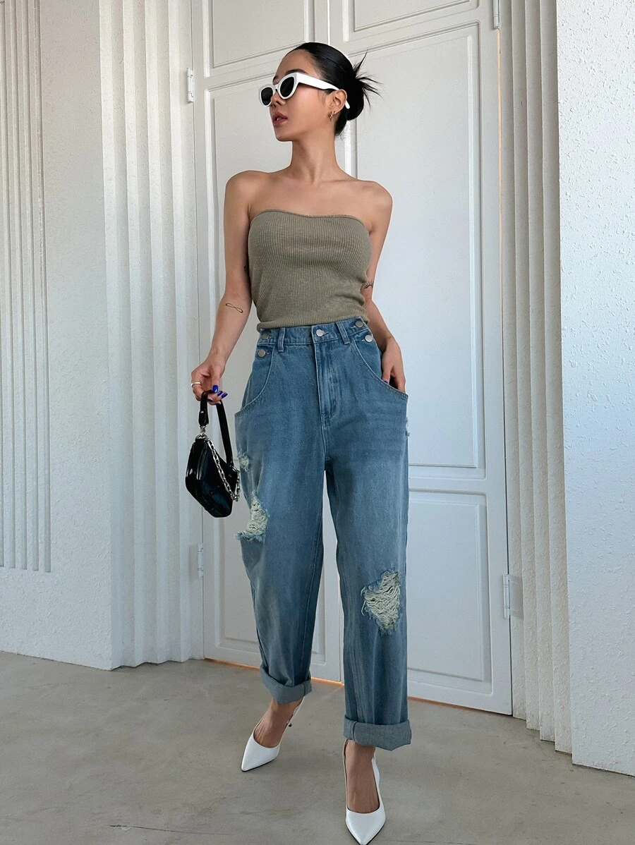 DAZY กางเกงยีนส์ ทรงตรง แต่งขาด ee-65