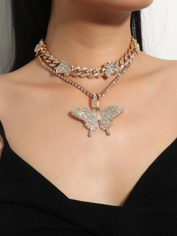 สร้อยคอเสน่ห์ผีเสื้อ Rhinestone 2 ชิ้น kk-195