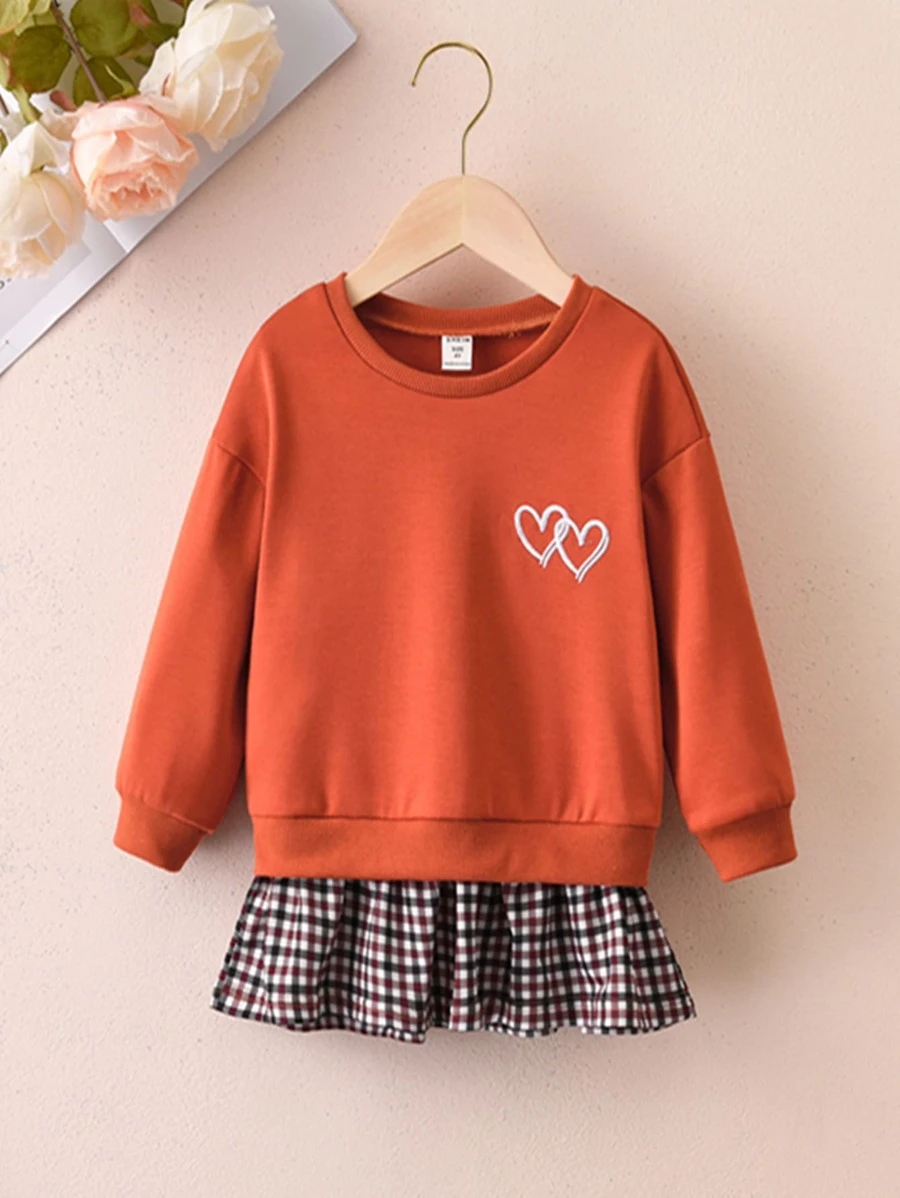 เด็กผู้หญิง เดรสสเวตเตอร์ ปัก หัวใจ ลายกิงแฮม 2 in 1 a-56