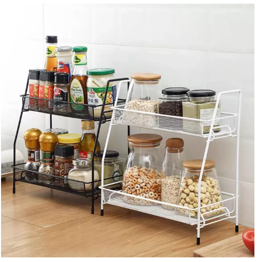 KIT92-ชั้นวางเครื่องปรุง 2ชั้น เหล็กเคลือบกันสนิม ฐานตรงวางขวดสูงได้ ที่วางเครื่องปรุง ชั้นวางขวดเครื่องปรุง ชั้นวางของในครัว