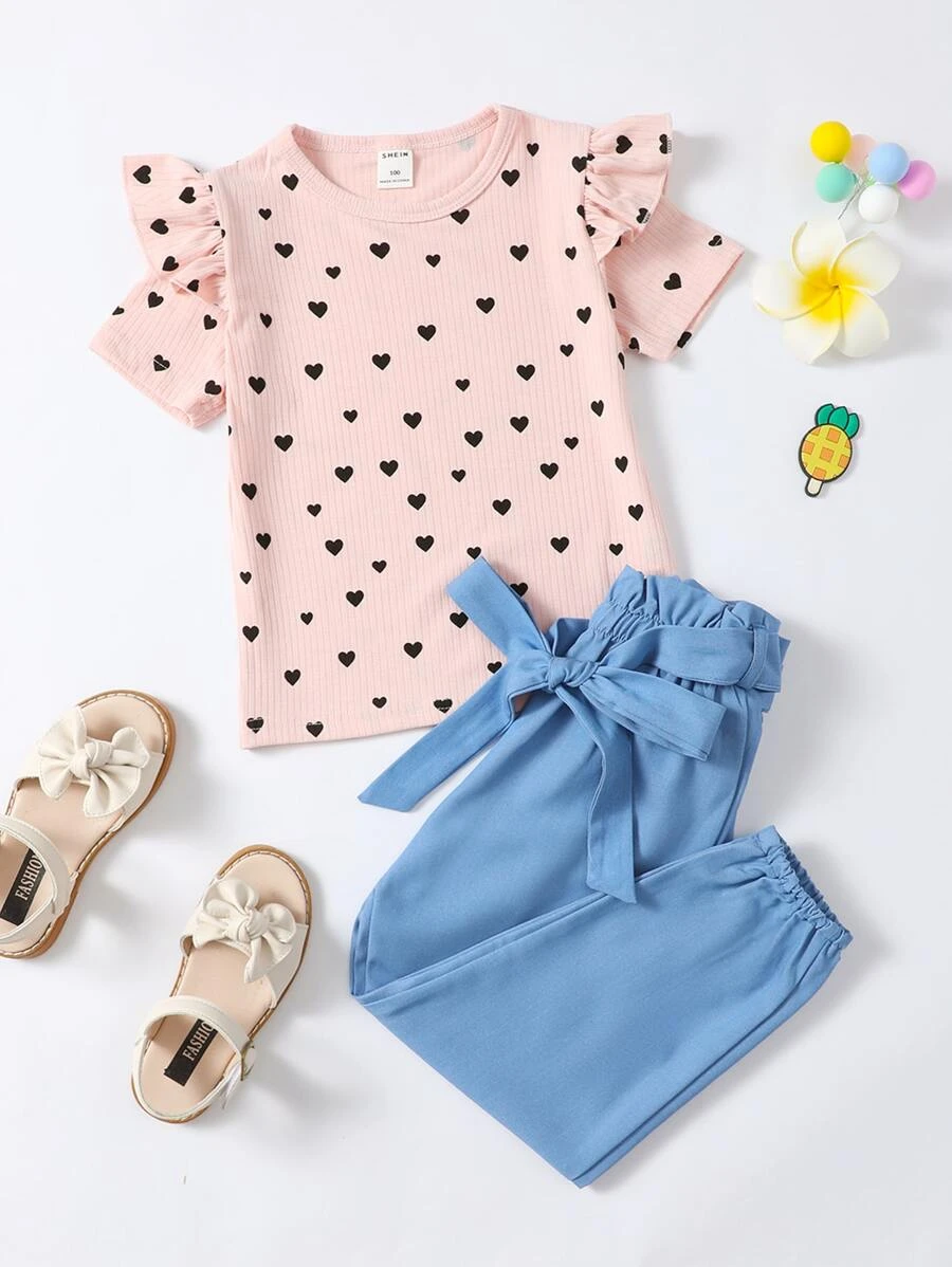 เด็กผู้หญิงวัยหัดเดิน ภาพพิมพ์รูปหัวใจ เสื้อยืด & เข็มขัด กางเกงขายาวa-64