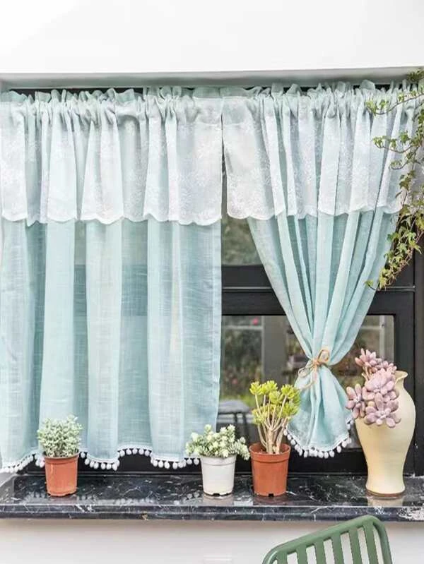 ม่านแขวนหน้าต่าง สีพื้น ตกแต่ง ปอมปอม 1 ชิ้น  093