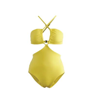 VA42-SS2023 YELLOW CUT OUT SWIMMING SUIT ชุดยว่ายน้ำสีเหลือง สายปรับได้ ใส่ได้ 2 แบบ ใส่ว่ายน้ำ มีฟองน้ำในตัวผ้าหนา กัน UV UPF 50+