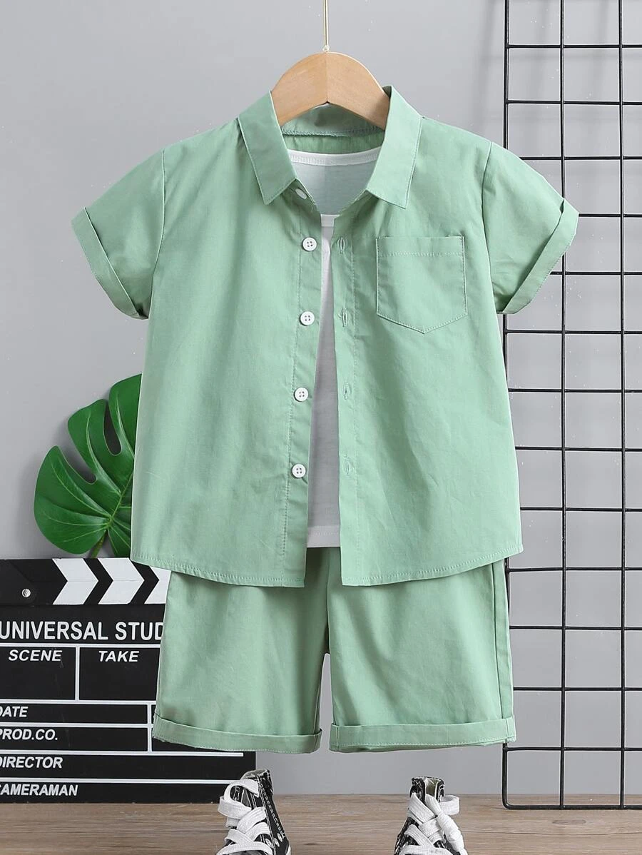 เด็กผู้ชาย แพทช์ กระเป๋า เสื้อเชิ้ต & กางเกงขาสั้น ไม่มีเสื้อยืด b-91