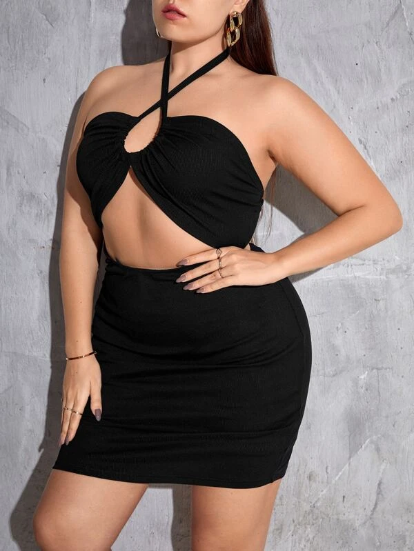 เดรส เข้ารูป พลัสไซซ์ ตัดเว้า ทรงไขว้หน้า คล้องคอ  034