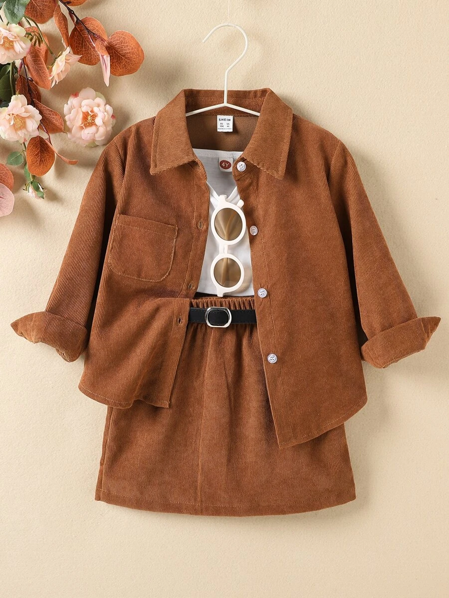 เด็กผู้หญิง เสื้อโค้ท ผ้าลูกฟูก เย็บปะ กระเป๋า & กระโปรง แต่งเข็มขัด & สีพื้น เสื้อท็อป a-97