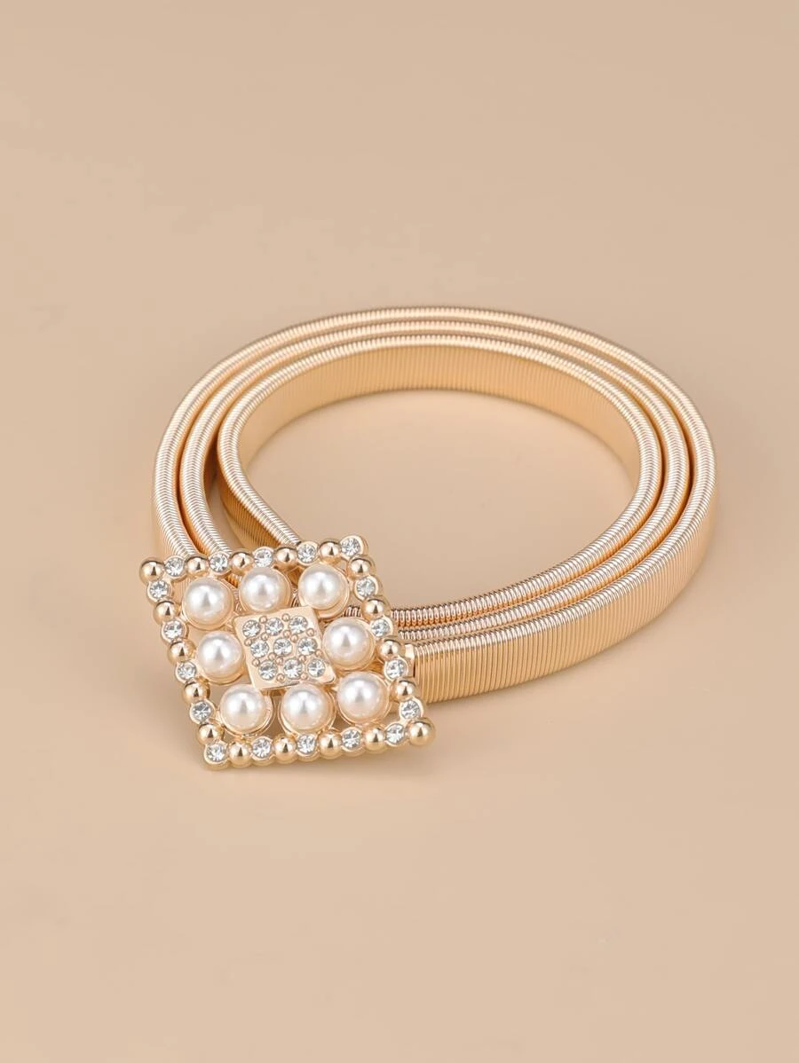 เข็มขัด ตกแต่ง พลอยเทียม & ไข่มุกเทียม หัวเข็มขัด ทรงเรขาคณิต  l-057