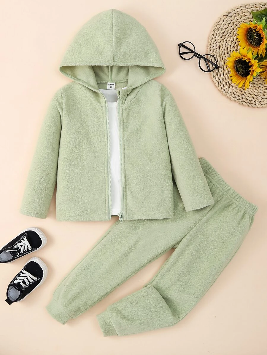 เด็กผู้หญิง 1 ชิ้น แจ็กเกต สีพื้น ปิดซิป ผ้าขนแกะ ฮูด พร้อม 1 ชิ้น กางเกงขายาว a-77