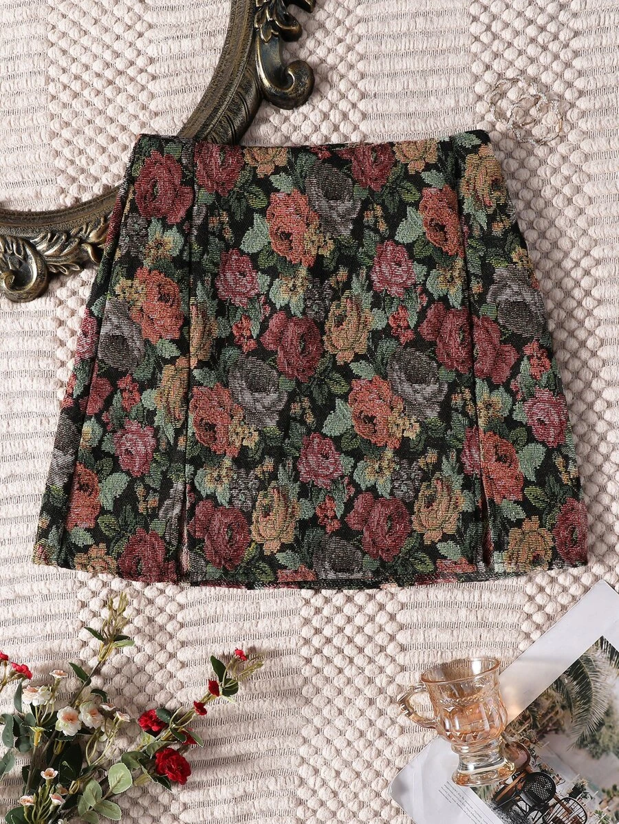 กระโปรง ชายผ่า ลายดอกไม้  jj-13