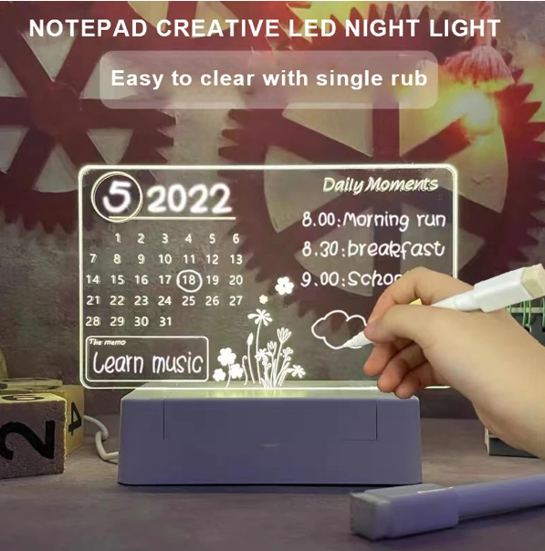 TH16-ปฏิทินตั้งโต๊ะ แบบอะคริลิคใส มีไฟ LED ลบได้ ชาร์จสาย USB สําหรับเขียนข้อความ ตกแต่งห้องนอน
