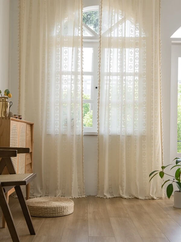 ผ้าม่าน ผ้าโปร่ง พู่ & ลวดลาย เรขาคณิต  ผ153