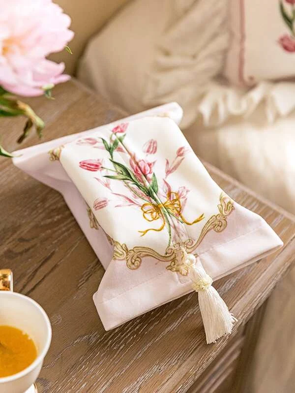 ถุงเก็บทิชชู่ ปักดอกไม้ ตกแต่ง พู่ 1 ชิ้น  nn-69