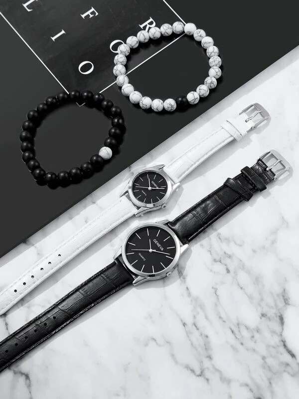 2 ชิ้น คู่ นาฬิกาควอทซ์ ตัวชี้ แบบกลม & 2 ชิ้น สร้อยข้อมือ น-0188