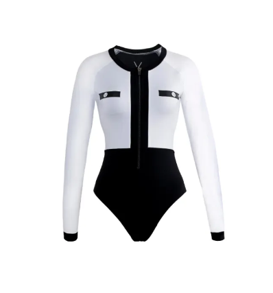 VA34-B&W BODYSUIT ECO COLLECTION ชุดว่ายน้ำบอดี้สูทแขนยาวสีดำขาว ซับในทั้งตัวมีฟองน้ำในตัว ผ้ากัน UV UPF 50+