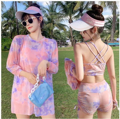 S23 ชุดว่ายน้ำผู้หญิง เซ็ท3ชิ้น สไตล์เกาหลี ชุดว่ายน้ำ ชุดว่ายน้ำมัดย้อมกางเกงขาสั้น สีรุ่งสวย ชุดว่ายน้ำแนวๆ