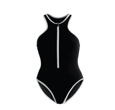 VA44-SS2023 BLACK FRONT ZIP SWIMMING SUIT ชุดยว่ายน้ำสีดำ ใส่ว่ายน้ำ มีฟองน้ำในตัวผ้าหนา กัน UV UPF 50+