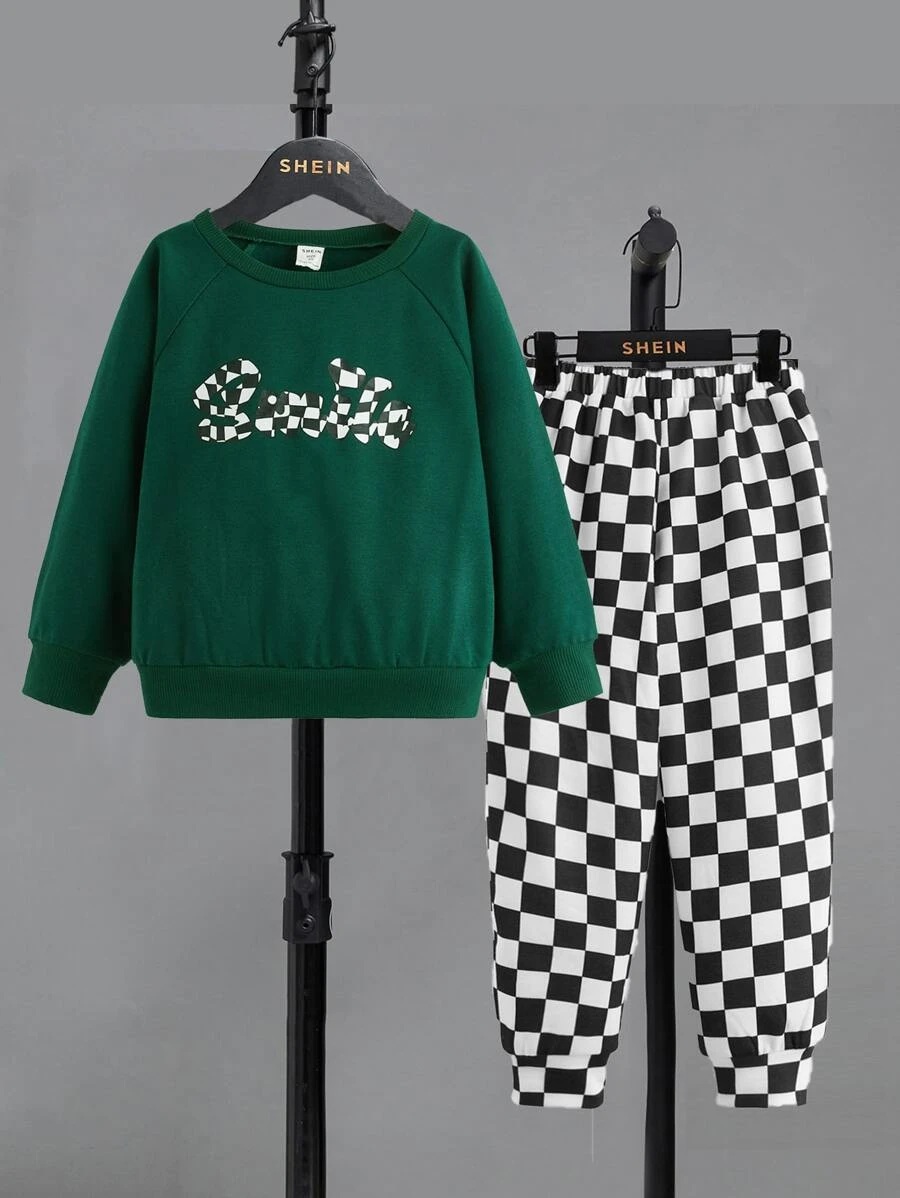 เด็กผู้ชาย พิมพ์ ตัวอักษร แขนเสื้อตะเข็บเย็บเฉียง เสื้อสวมหัว & ลายตารางหมากรุก กางเกงวอร์ม b-25