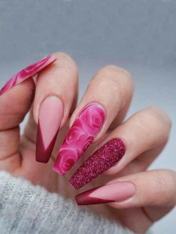 24 ชิ้น ยาว คอฟฟิน พิมพ์ กุหลาบ เล็บปลอม & ตะไบเล็บ 1 ชิ้น & 1 แผ่น แถบสาย c-96