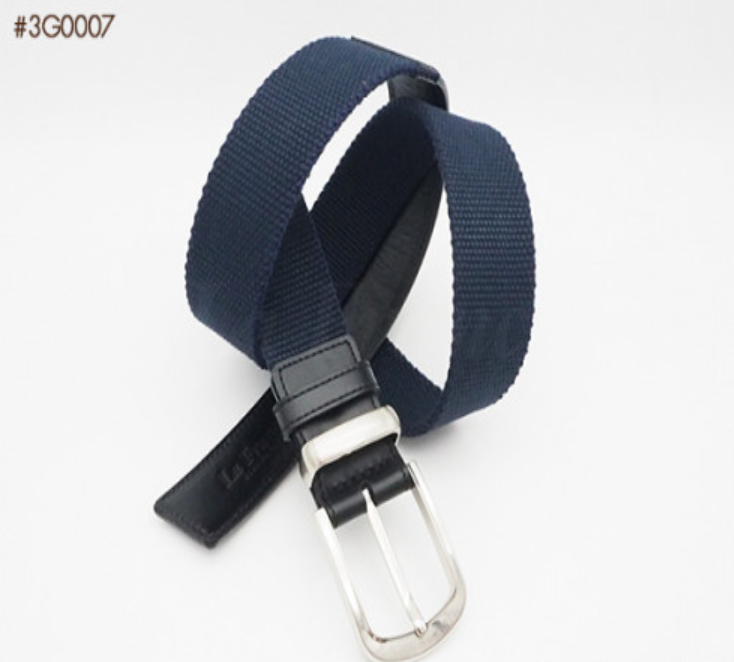 MAN75-เข็มขัดผ้าสีน้ำเงิน ผสมหนังวัวแท้สีดำ พร้อมหัวและห่วงนิกเกิ้ล