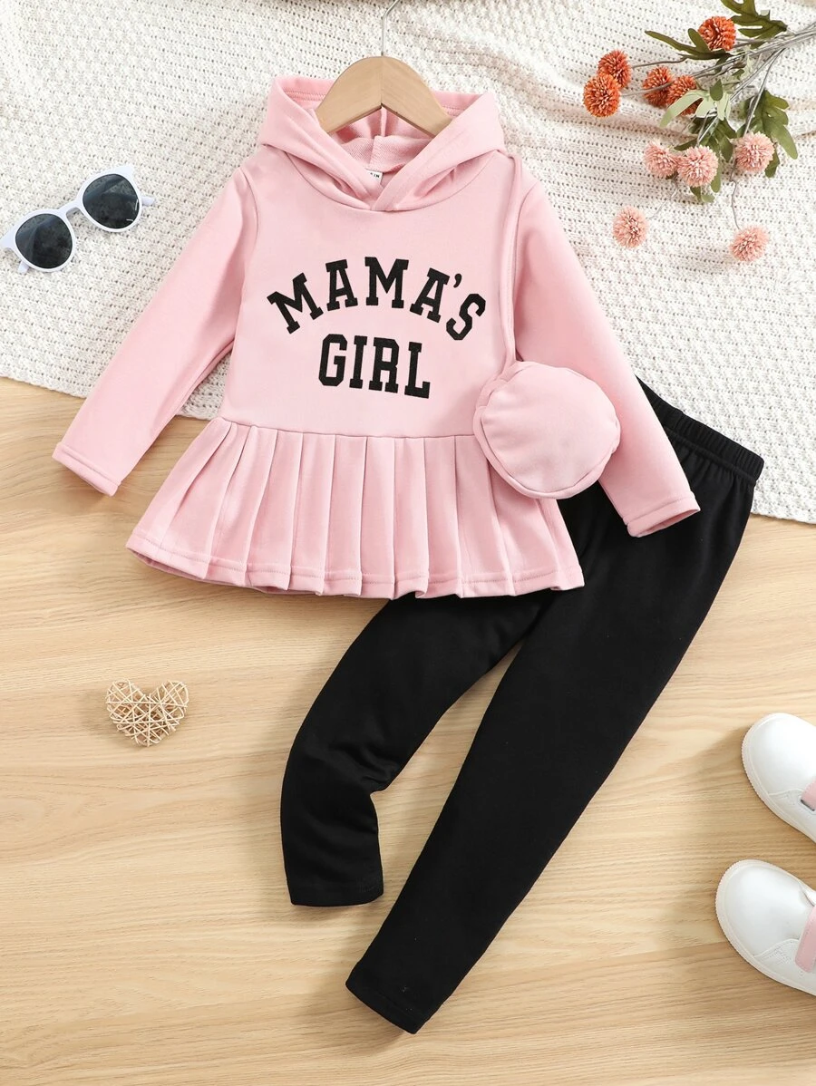 เด็กผู้หญิง ชุด เสื้อฮู้ด & เลคกิ้ง พิมพ์ ตัวอักษร ชายกระโปรงพลีท  a-92