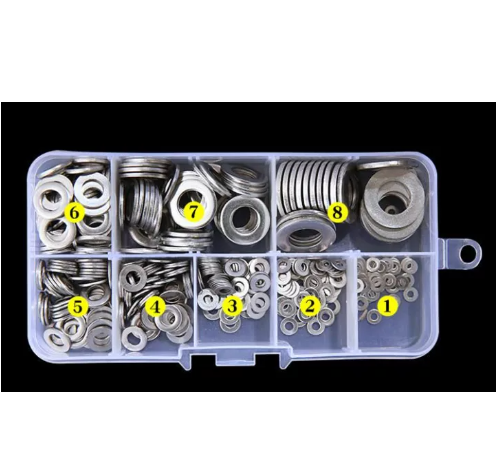 JIM35-360Pcs Stainless steel Flat Washers Sealing Ring Washers Assortment Set 8 Sizes in a storage Box