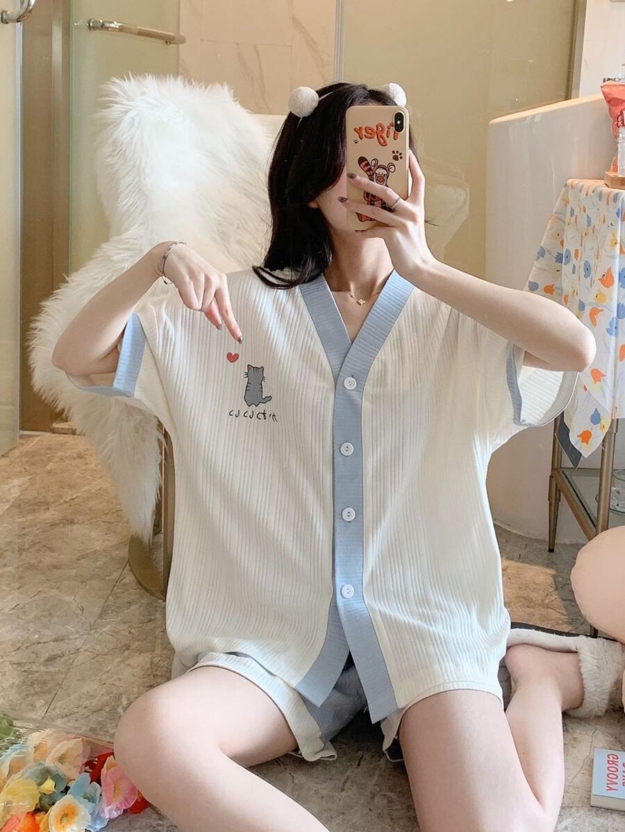 ชุดนอนผู้หญิง ชุดนอนแขนสั้นขาสั้น ชุดนอนแฟชั่น เซ็ตชุดนอน bb-4