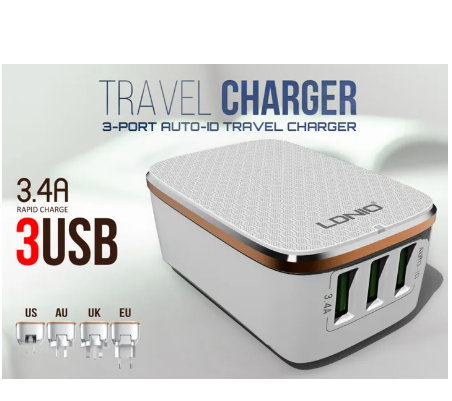 GE32-LDNIO A3304 อแดปเตอร์ 3 USB Port Travel Charger For Mobile Phone 5V/3.4A US/EU Plug Fast Charging รับประกันของแท้