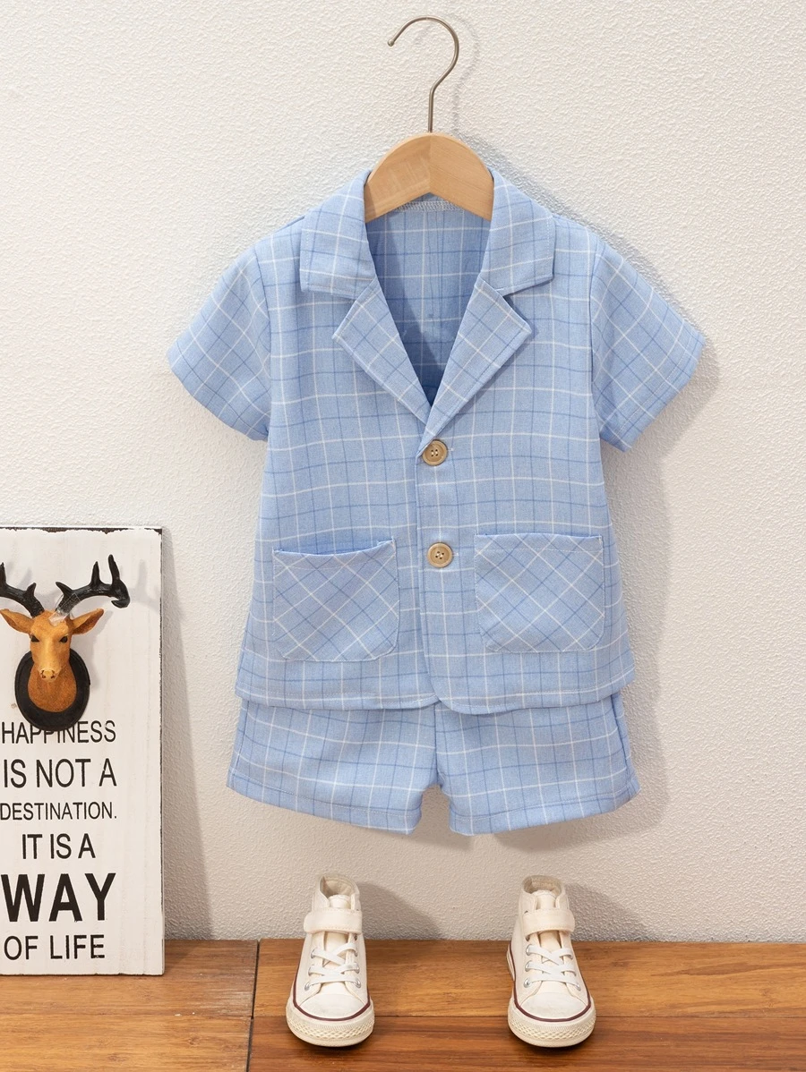 เด็กผู้ชาย ลายสก็อต กระเป๋าคู่ เสื้อเชิ้ต & กางเกงขาสั้น b-100