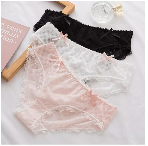 PAN56 กางเกงในผู้หญิงสไตล์ญี่ปุ่นลูกไม้เซ็กซี่ลายสก๊อตโบว์น่ารักสาวหวานบางเป้าผ้าฝ้ายกลางเอวต่ำกางเกงในสามเหลี่ยม