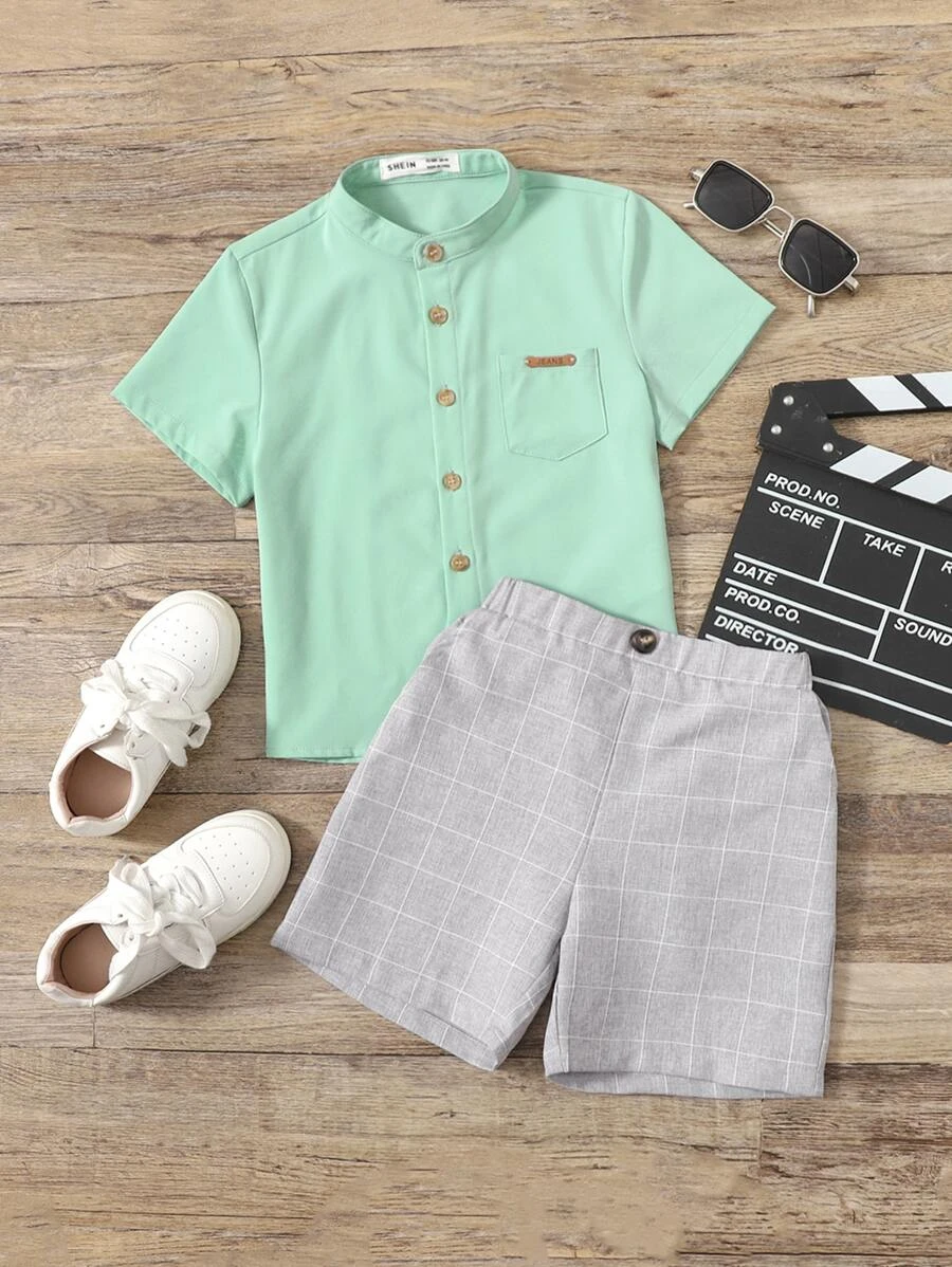 เด็กผู้ชาย เสื้อเชิ้ต รายละเอียด แพทช์ & กางเกงขาสั้น พิมพ์ เส้นกริด b-65