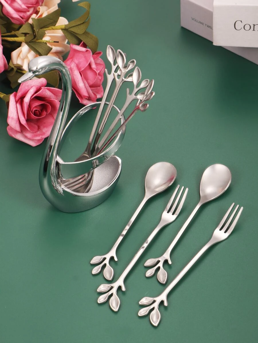 8 ชิ้น ตกแต่ง ใบไม้ ชุดช้อนส้อมมีด & 1 ชิ้น การออกแบบ หงส์ ที่วาง hh-44