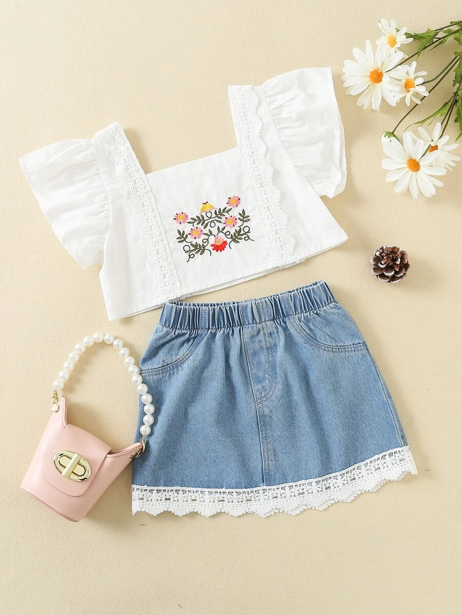 เด็กผู้หญิงวัยหัดเดิน ภาพปักรูปดอกไม้ ปลายระบาย เสื้อ & Contrast Guipure บล็อก กระโปรง a-29