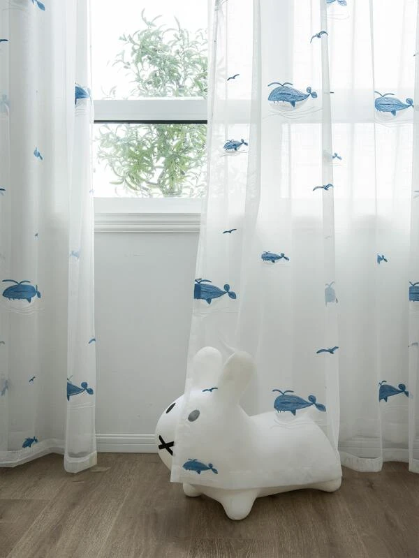 ผ้าม่าน ผ้าโปร่ง เย็บปักถักร้อย ปลาวาฬ  ผ156