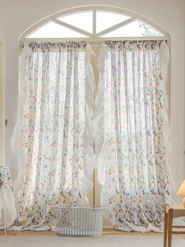 ผ้าม่าน ลายดอกไม้ ขอบระบาย ผ้าโปร่ง  ผ115