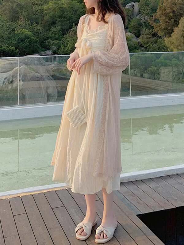 Honeyspot กิโมโน สีพื้น ไหล่ตก ลูกไม้ mm-55